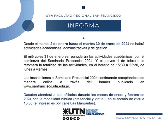 El martes 2 de enero comienza el receso administrativo en nuestra Facultad Regional